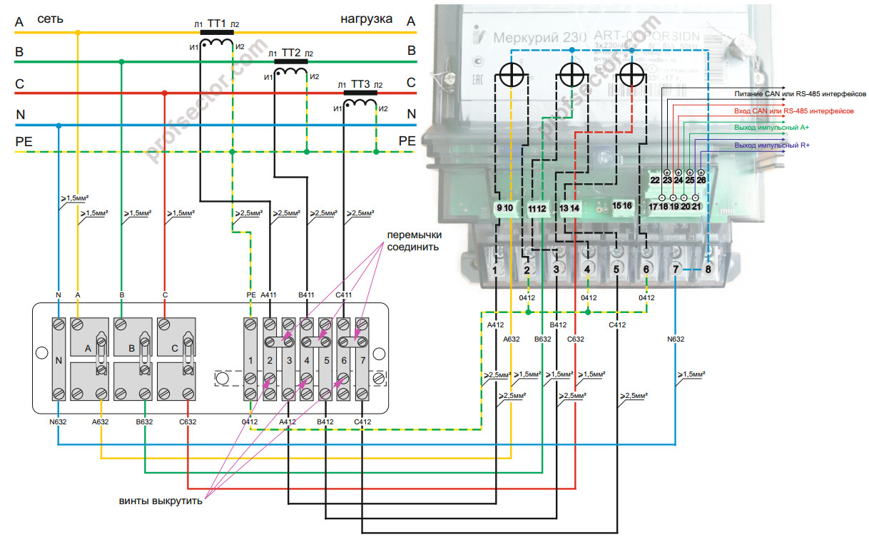 Полукосвенное подключение 3-фазного электросчетчика TNS 8-проводная